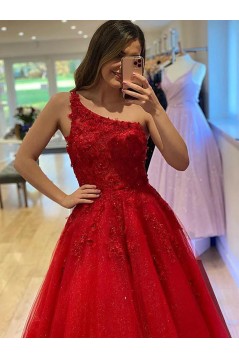 Long Red One Shoulder Lace and Tulle Prom Dresses Formal Evening Gowns 901867