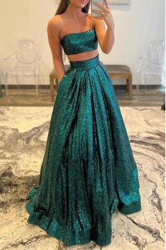 Elegant Geen Two Pieces Sequins Long Prom Dresses Formal Evening Dresses with Pockets 901875