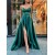 Elegant Green V Neck Satin Long Prom Dresses Formal Evening Dresses 901879
