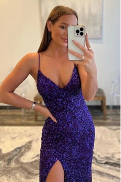 Mermaid Backless V Neck Sequins Purple Long Prom Dresses Formal Evening Dresses 901881