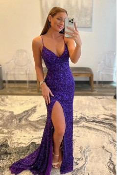 Mermaid Backless V Neck Sequins Purple Long Prom Dresses Formal Evening Dresses 901881