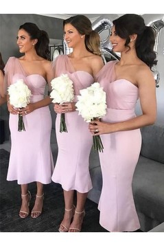 Pink Tea Length One Shoulder Bridesmaid Dresses 902010