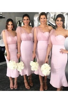 Pink Tea Length One Shoulder Bridesmaid Dresses 902010