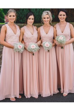 Long Pink Chiffon and Lace V Neck Bridesmaid Dresses 902046
