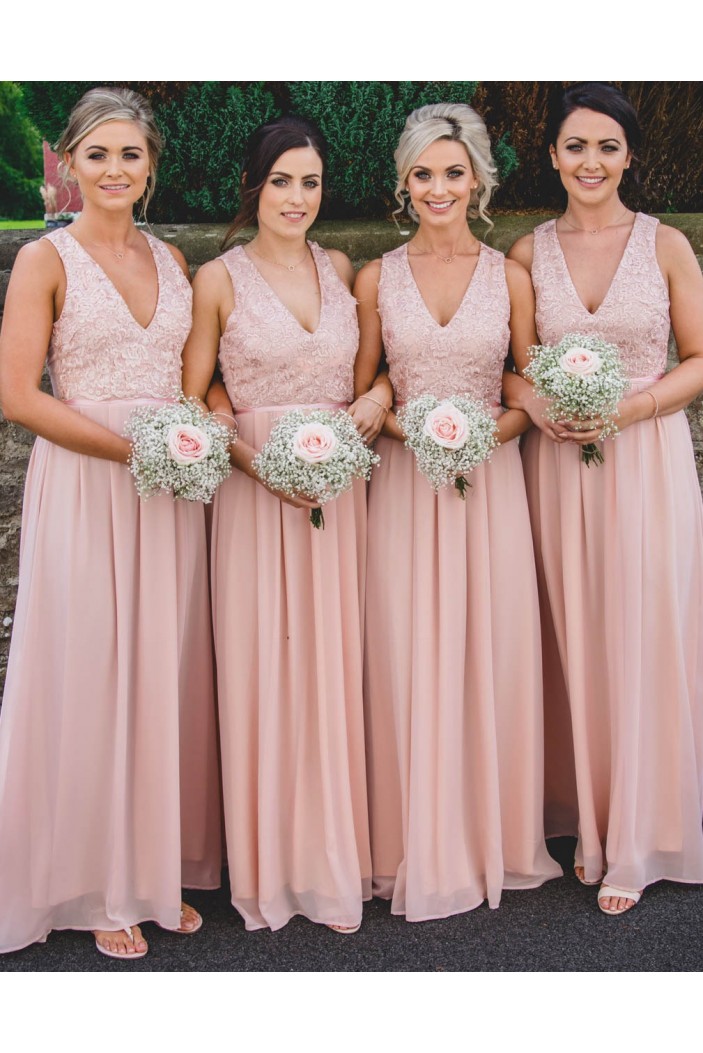 Long Pink Chiffon and Lace V Neck Bridesmaid Dresses 902046