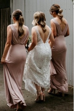 Sheath/Column V Neck Long Bridesmaid Dresses 902055