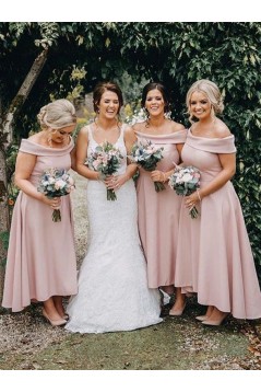 High Low Pink Off the Shoulder Bridesmaid Dresses 902111