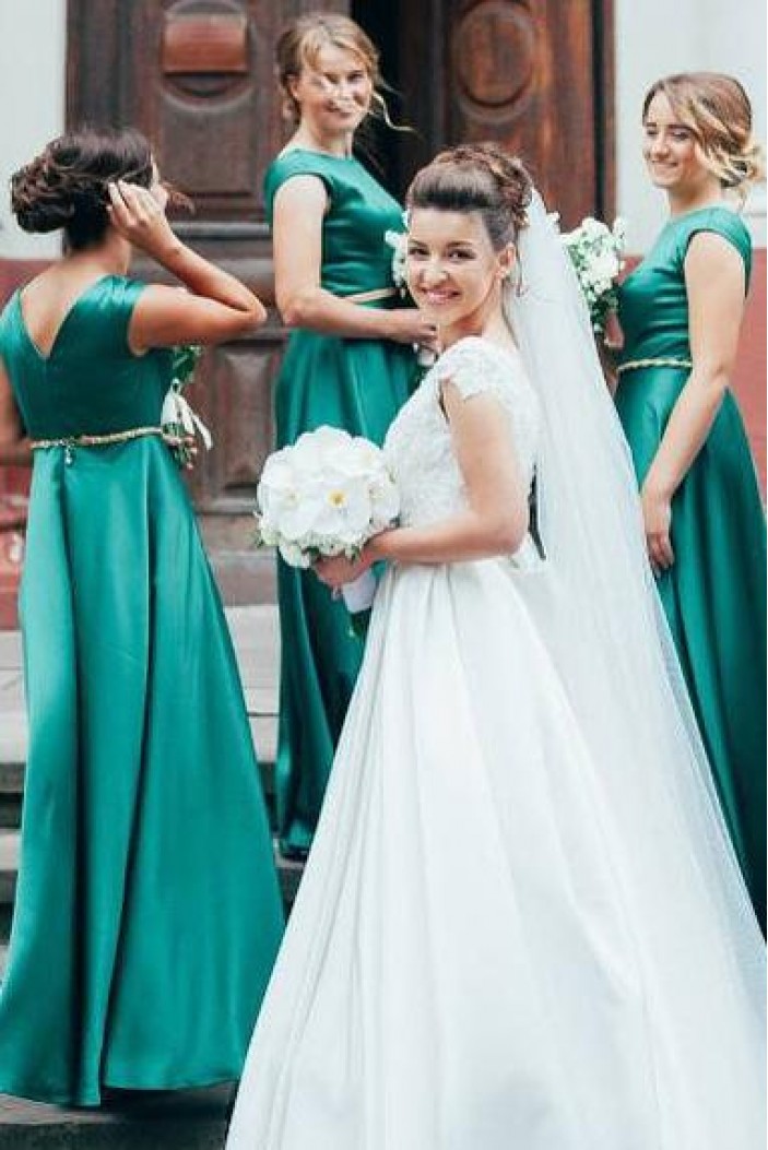 A-Line Long Green Floor Length Bridesmaid Dresses 902134