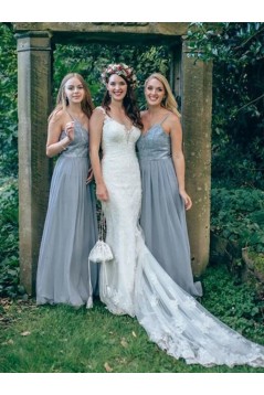 Modest Long Grey Lace and Chiffon Bridesmaid Dresses 902153