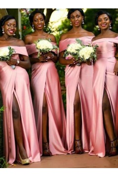 Long Pink Off the Shoulder Floor Length Bridesmaid Dresses with Slit 902178