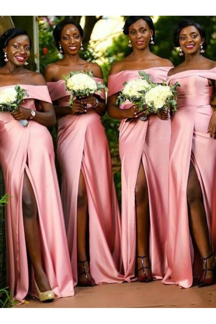 Long Pink Off the Shoulder Floor Length Bridesmaid Dresses with Slit 902178