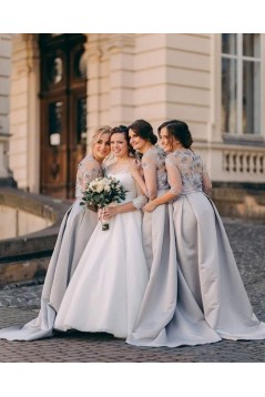 A-Line Lace and Satin Long Bridesmaid Dresses with Sleeves 902197