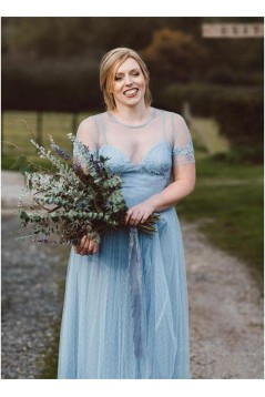 Modest Long Blue Tulle and Lace Bridesmaid Dresses with Sleeves 902202