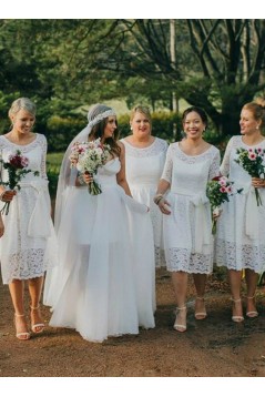 Short White Lace Bridesmaid Dresses with Sleeves 902234