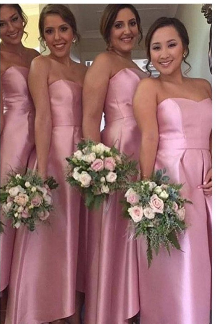 High Low Strapless Pink Bridesmaid Dresses 902235