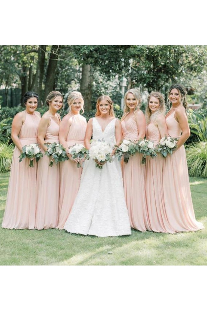 Long Pink Chiffon Floor Length Bridesmaid Dresses 902256