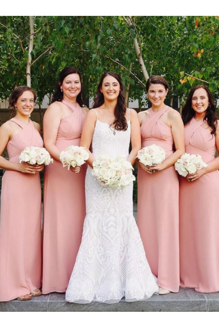 Long Pink Chiffon Floor Length Bridesmaid Dresses 902265