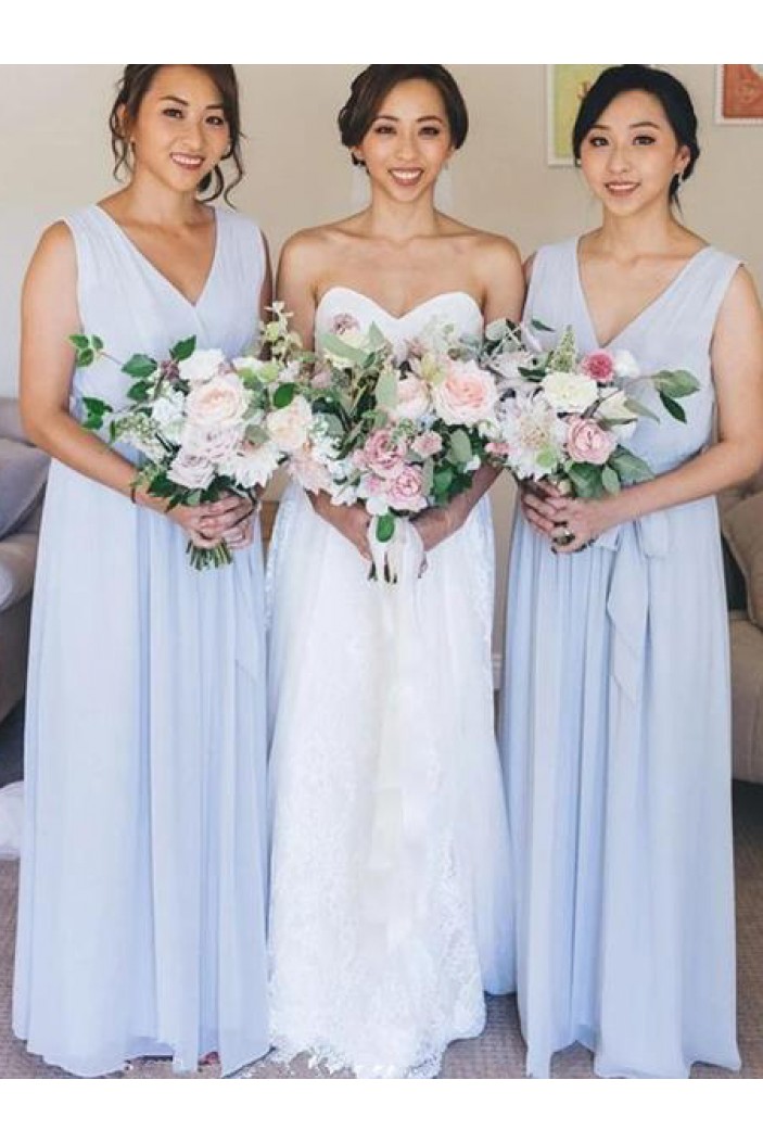 Long Blue Chiffon V Neck Floor Length Bridesmaid Dresses 902287