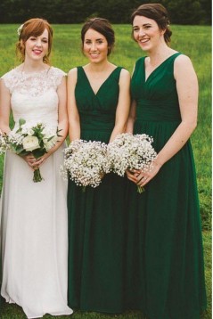 Long Green Chiffon V Neck Bridesmaid Dresses 902289