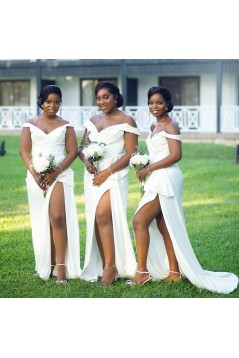Long White Sheath Off the Shoulder Bridesmaid Dresses with Slit 902306