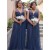 Long Navy Blue Tulle V Neck Bridesmaid Dresses 902358