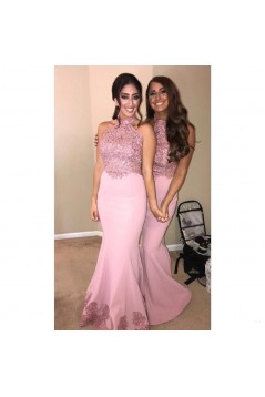 Long Pink Mermaid Lace Floor Length Bridesmaid Dresses 902363