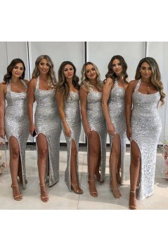 Long Silver Sequin Floor Length Bridesmaid Dresses 902373