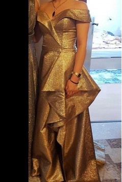 Long Gold Sequin Off the Shoulder Bridesmaid Dresses 902383