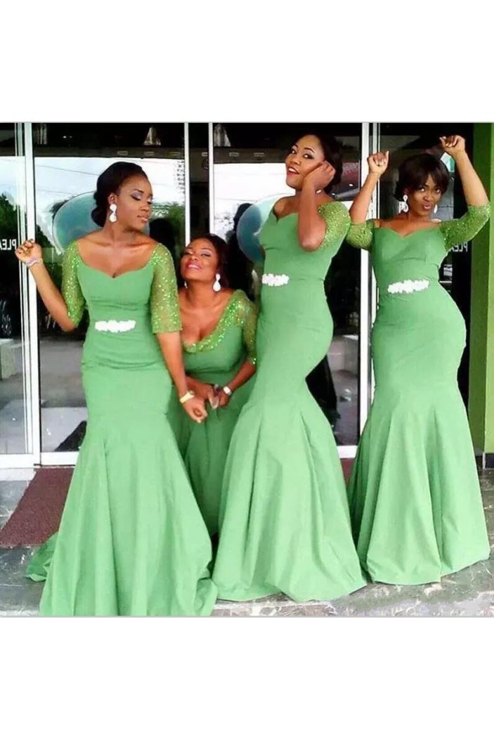 Long Green Mermaid Floor Length Bridesmaid Dresses with Sleeves 902415