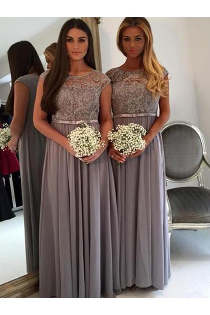 Long Grey Lace and Chiffon Floor Length Bridesmaid Dresses 902439