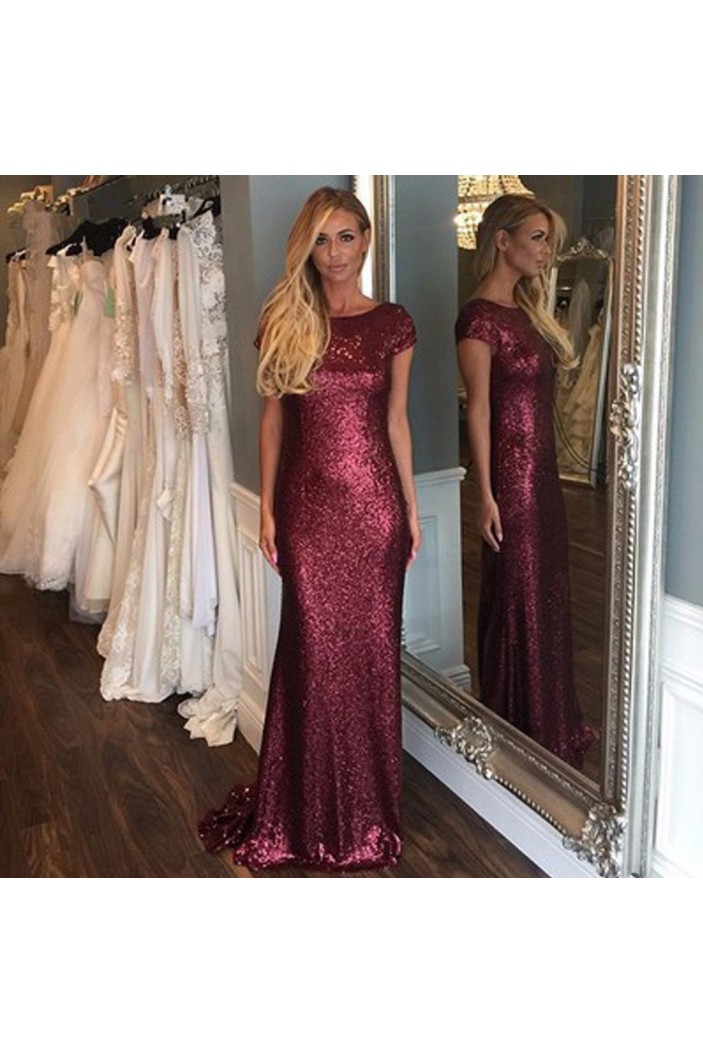 Long Grape Purple Sequin Bridesmaid Dresses with Cap Sleeves 902463