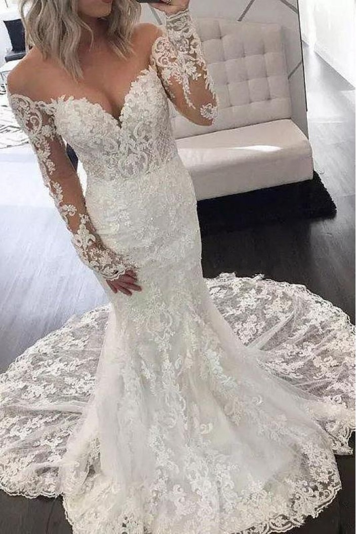 Mermaid Lace Long Sleeves Wedding Dresses Bridal Gowns 903024