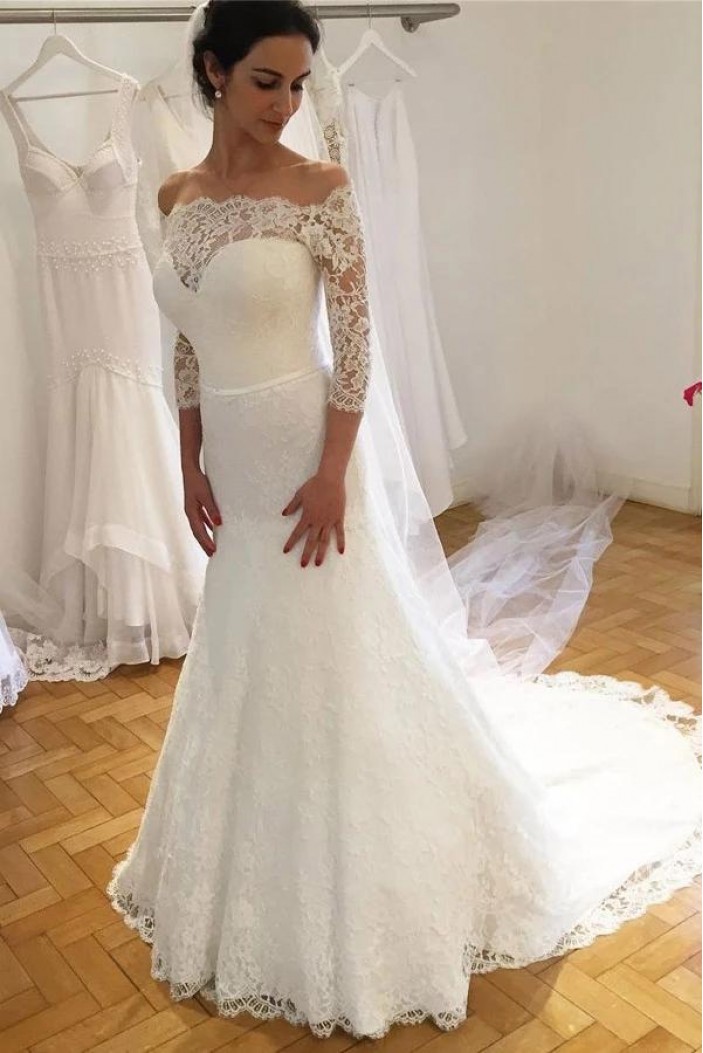 Elegant Mermaid Lace Wedding Dresses Bridal Gowns with Sleeves 903041