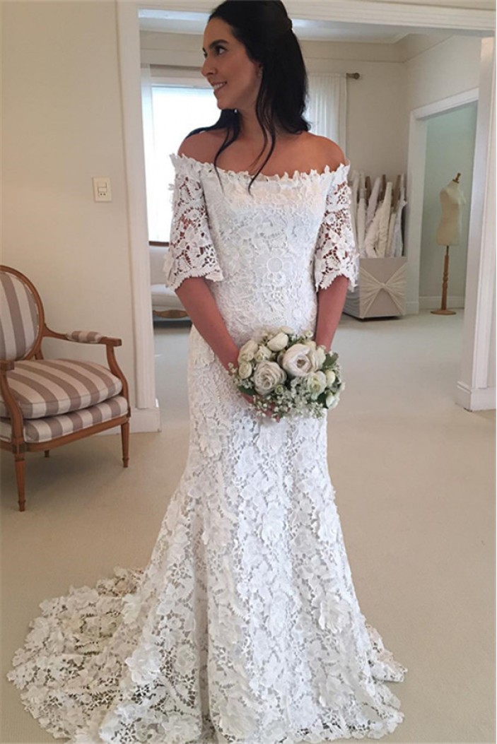 Mermaid Lace Long Wedding Dresses Bridal Gowns with Sleeves 903047