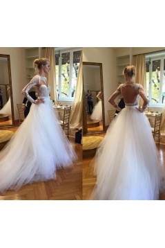 A-Line Lace and Tulle Wedding Dresses Bridal Gowns with Long Sleeves 903064