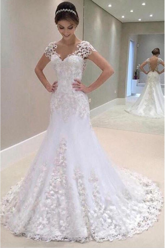 A-Line V Neck Lace Long Wedding Dresses Bridal Gowns 903066