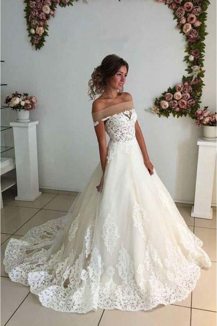 A-Line Off the Shoulder Lace Wedding Dresses Bridal Gowns 903090