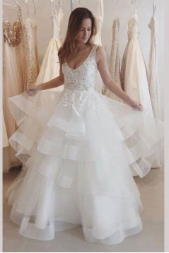 A-Line Lace and Tulle V Neck Wedding Dresses Bridal Gowns 903093