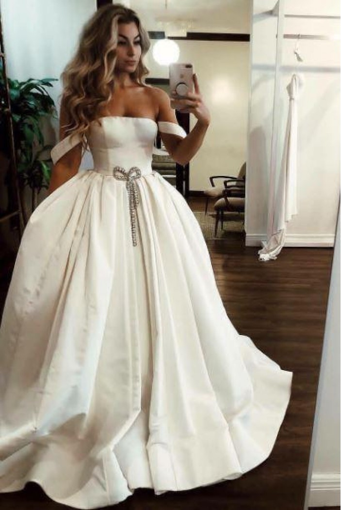 A-Line Off the Shoulder Satin Wedding Dresses Bridal Gowns 903110