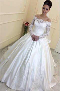 Elegant Satin and Lace Long Sleeves Wedding Dresses Bridal Gowns 903112