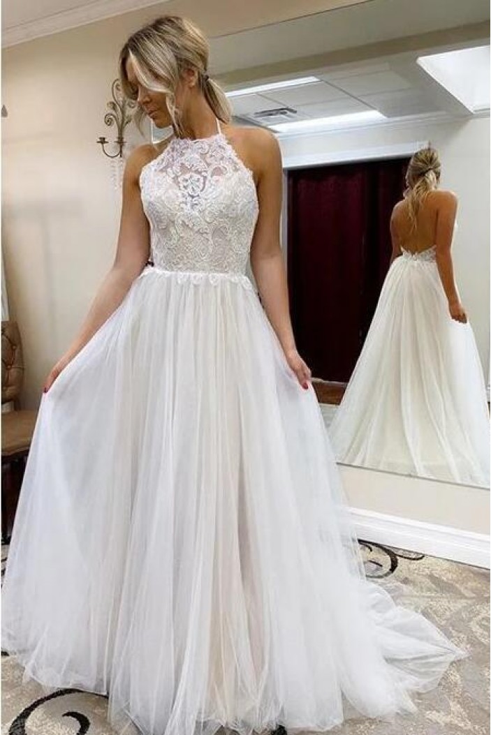 A-Line Halter Lace and Tulle Wedding Dresses Bridal Gowns 903123