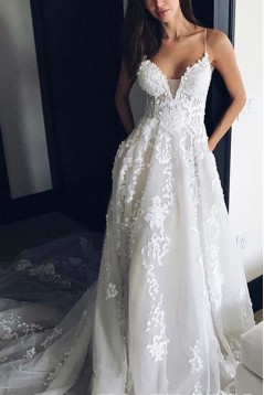 A-Line Spaghetti Straps Lace Wedding Dresses Bridal Gowns 903133