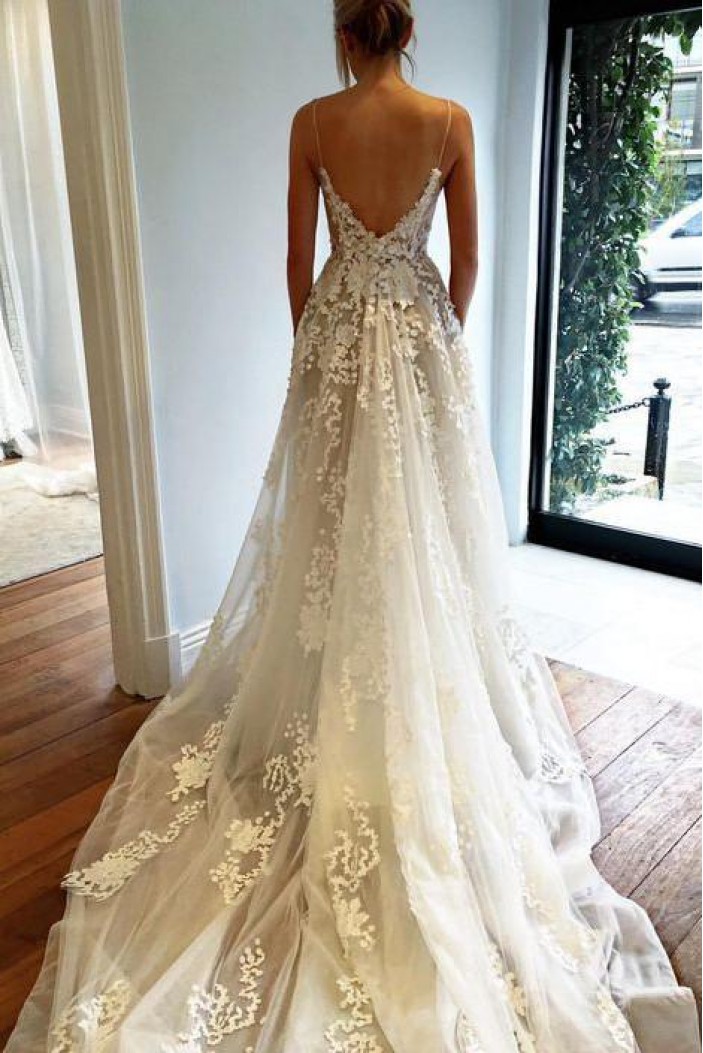 A-Line Spaghetti Straps Lace Wedding Dresses Bridal Gowns 903133