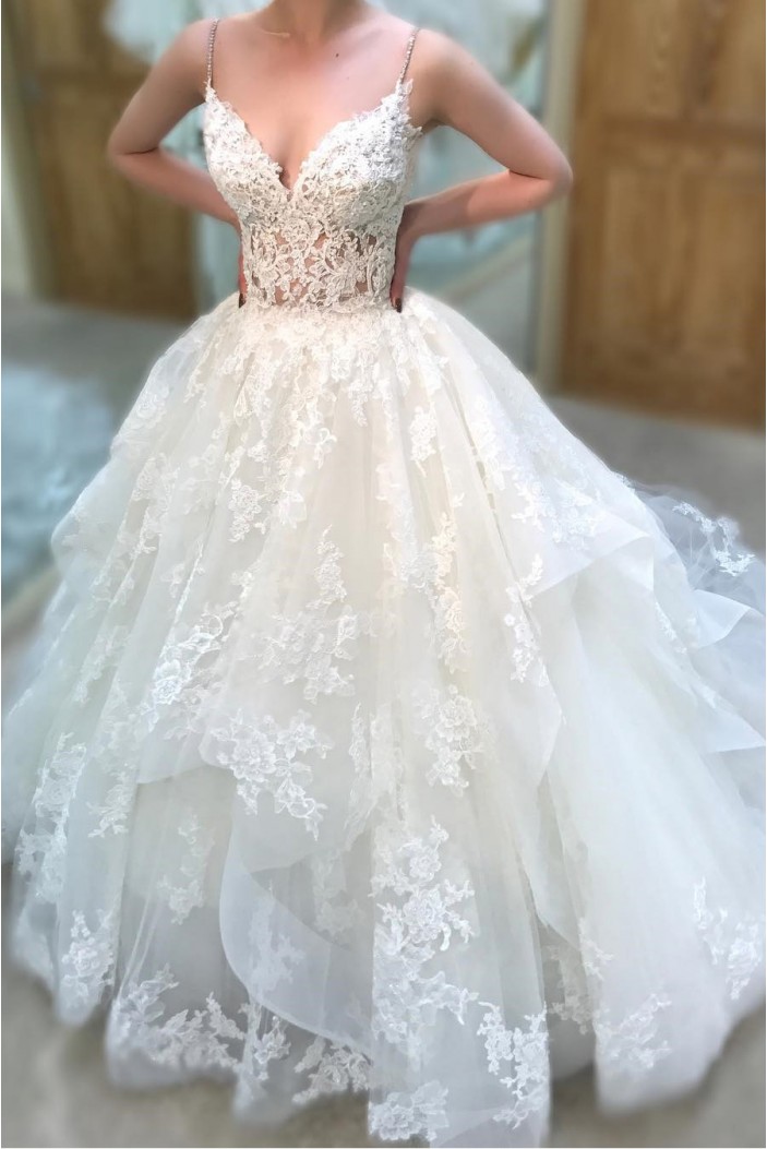 A-Line Lace V Neck Wedding Dresses Bridal Gowns 903142