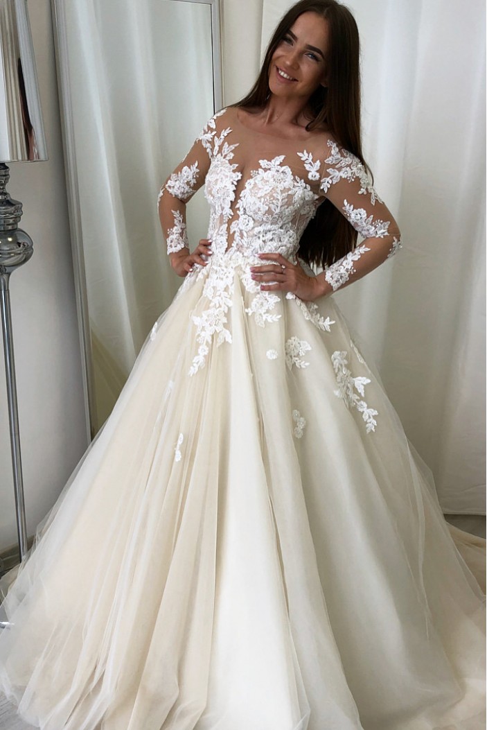 A-Line Long Sleeves Lace Wedding Dresses Bridal Gowns 903151