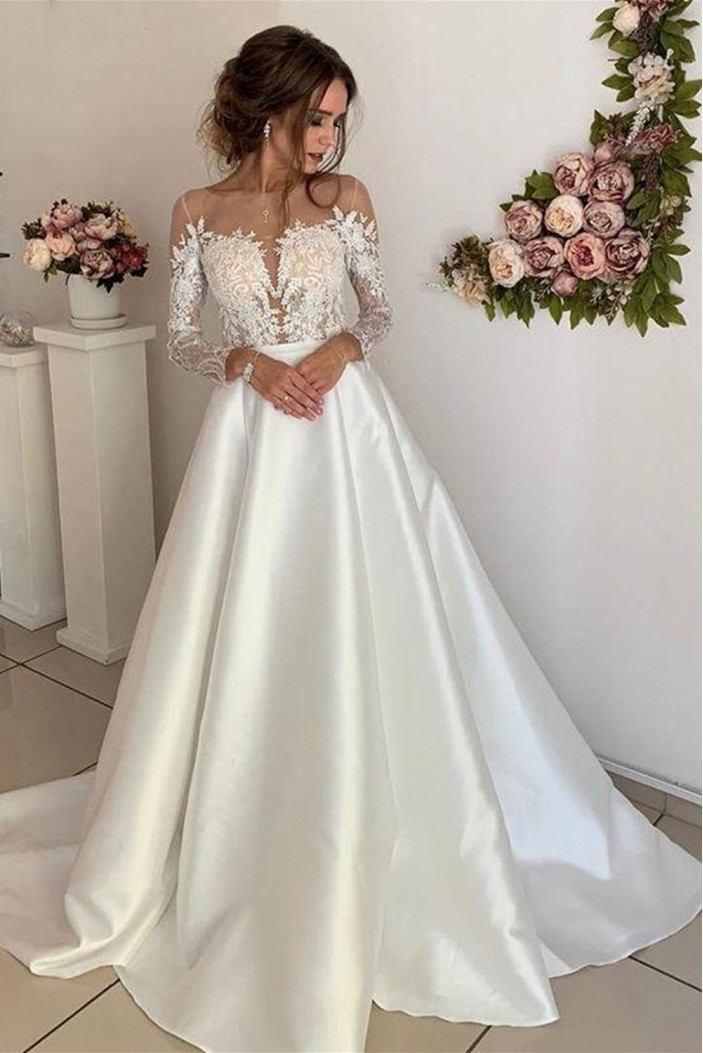 A-Line Lace and Satin Long Sleeves Wedding Dresses Bridal Gowns 903231