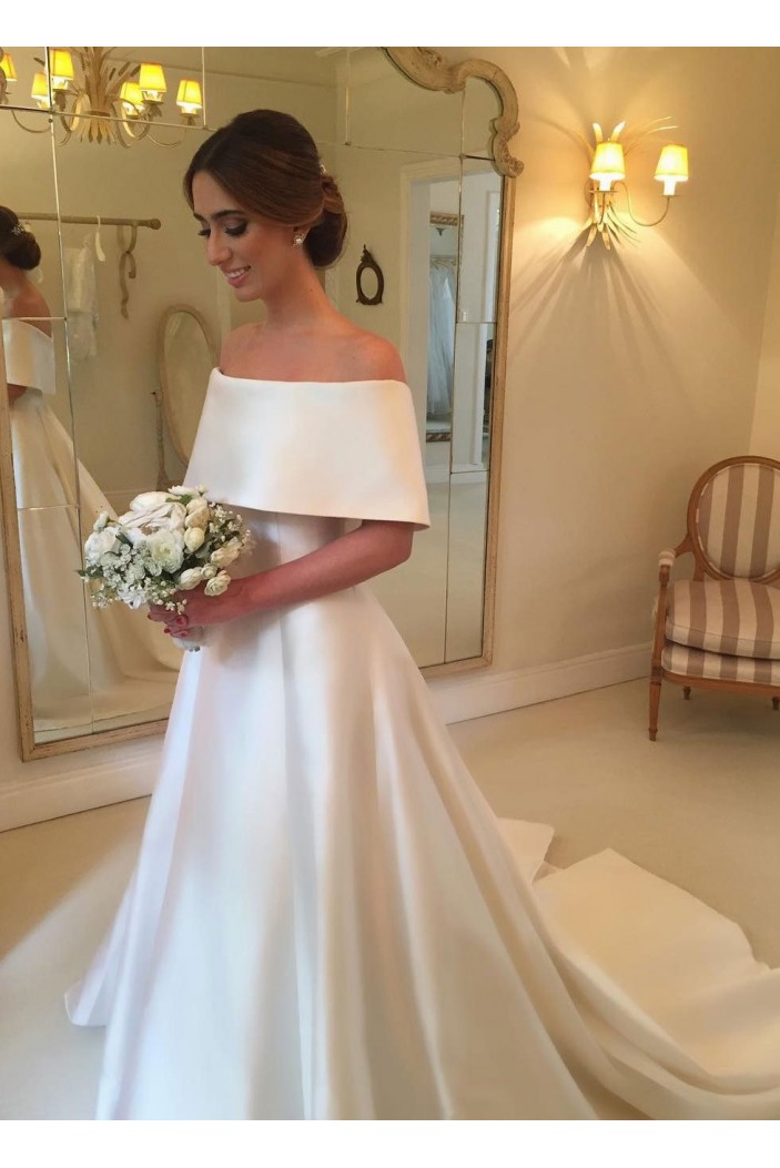 A-Line Off the Shoulder Long Satin Wedding Dresses Bridal Gowns 903234