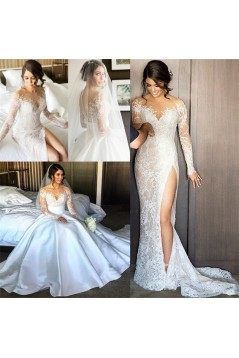 A-Line Lace and Satin Long Sleeves Wedding Dresses Bridal Gowns 903236