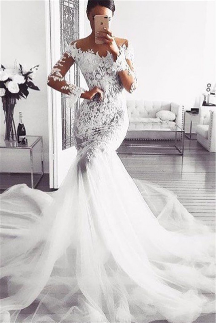 Mermaid Lace and Tulle Long Sleeves Wedding Dresses Bridal Gowns 903244