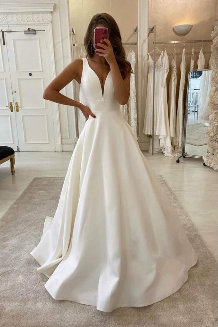A-Line V Neck Long Satin Wedding Dresses Bridal Gowns 903263